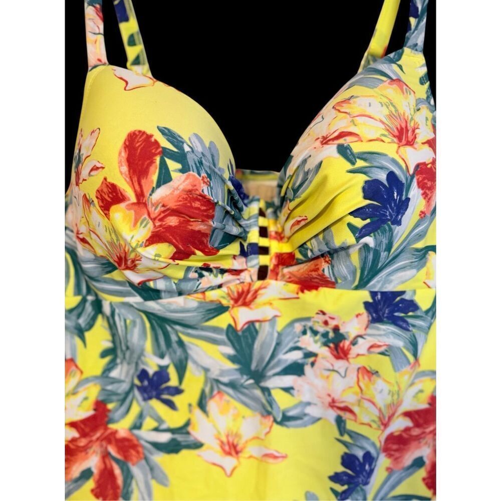 Cacique Women Tankini Swim Top In Yellow Floral Print Lattice Slit Plus Size 40C - Picture 4 of 15